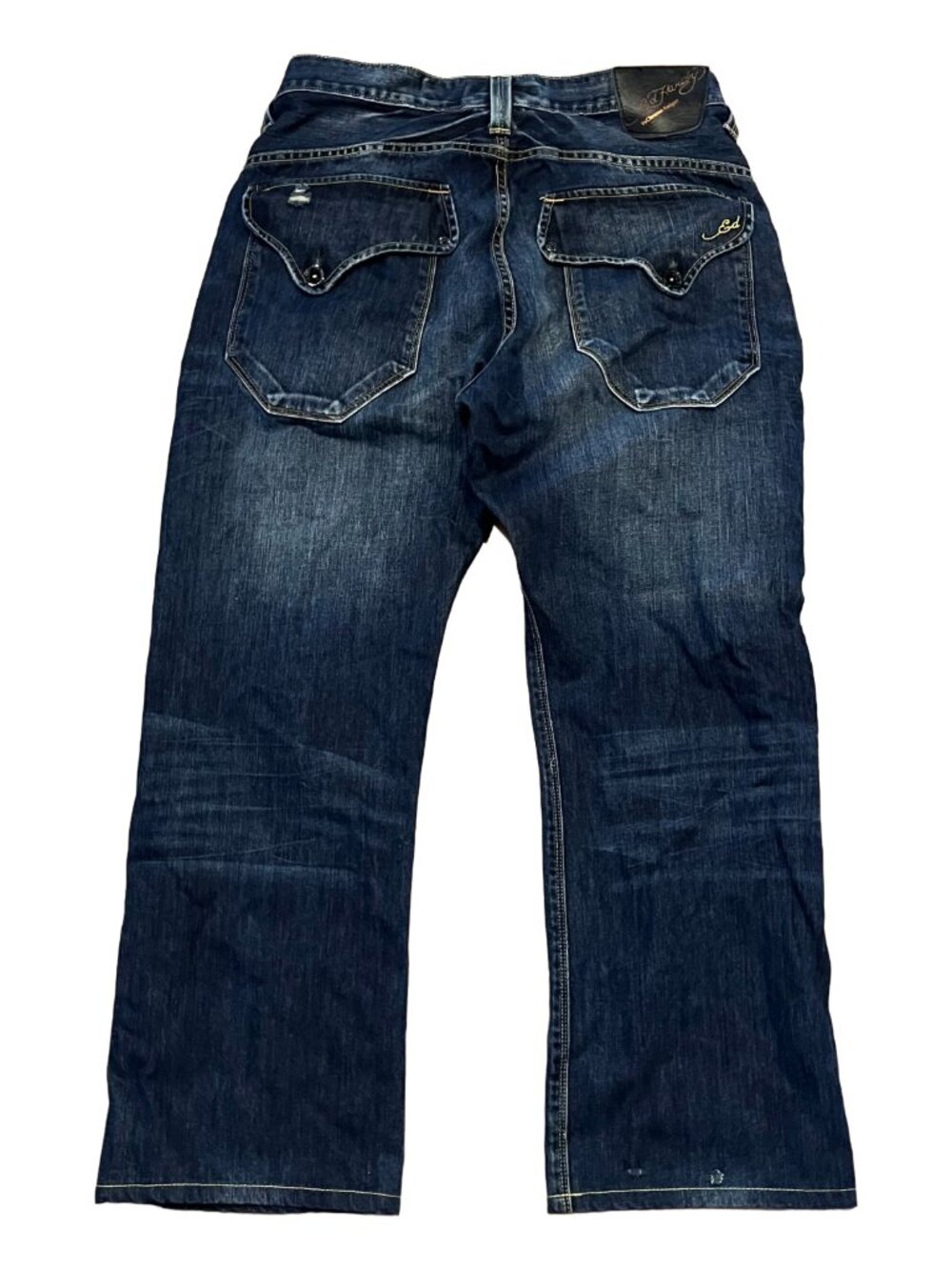 Ed Hardy Jeans Mens 34x32 Blue Whiskered Distressed Denim Button Fly Flap Pocket